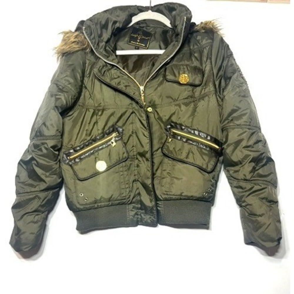 Vtg Y2K BABY PHAT‎ Green Bomber Jacket Womens Puffer Hooded Faux Fur Logo Sz L